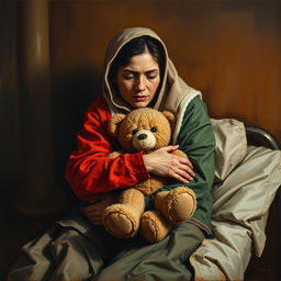 An evocative oil painting featuring a homeless mother and daughter embracing on a cot