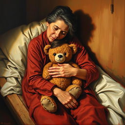 An evocative oil painting featuring a homeless mother and daughter embracing on a cot