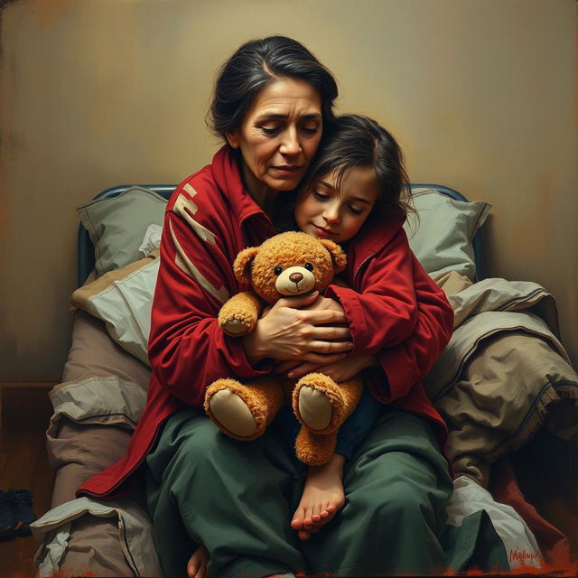 An evocative oil painting featuring a homeless mother and daughter embracing on a cot