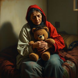 An evocative oil painting featuring a homeless mother and daughter embracing on a cot