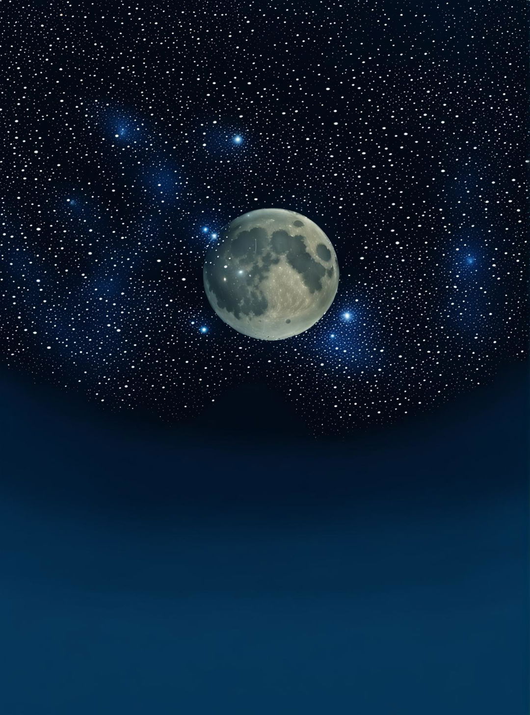 A detailed digital art wallpaper featuring a radiant full moon surrounded by twinkling stars against a deep blue night sky.