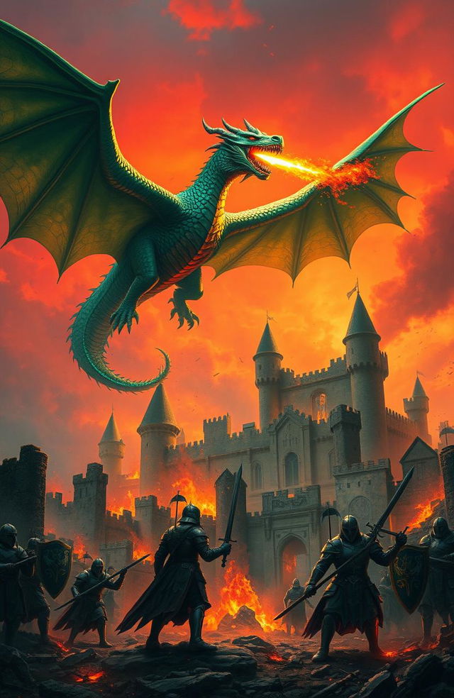 An epic fantasy scene depicting a fierce dragon soaring high above ruined castles engulfed in flames and smoke