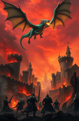An epic fantasy scene depicting a fierce dragon soaring high above ruined castles engulfed in flames and smoke