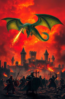 An epic fantasy scene depicting a fierce dragon soaring high above ruined castles engulfed in flames and smoke