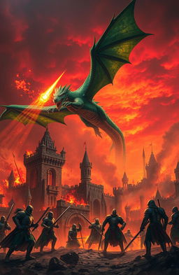 An epic fantasy scene depicting a fierce dragon soaring high above ruined castles engulfed in flames and smoke