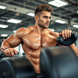 A handsome man with a sculpted physique, showcasing his strength while working out in a well-equipped gym