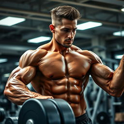 A handsome man with a sculpted physique, showcasing his strength while working out in a well-equipped gym