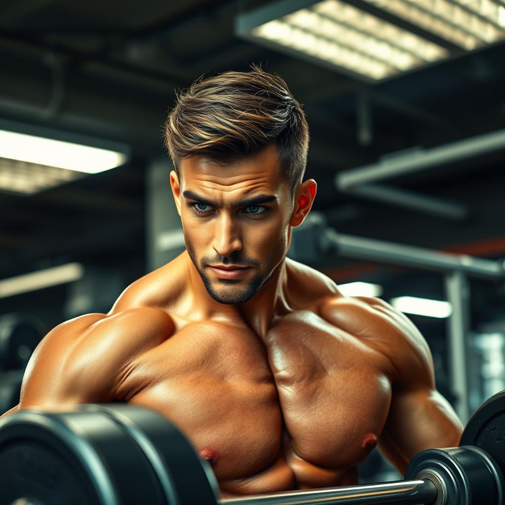 A handsome man with a sculpted physique, showcasing his strength while working out in a well-equipped gym