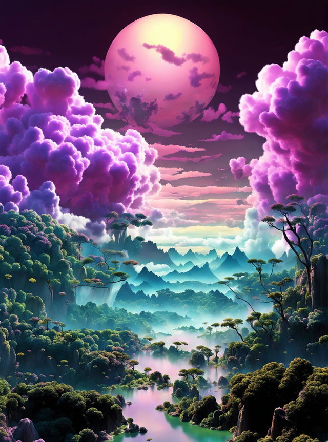 A dreamcore digital art image featuring a surreal landscape with floating islands, pastel clouds, and a glowing moon.