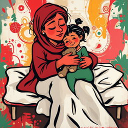 An abstract pop art painting featuring a homeless mother and daughter embracing on a cot, dominated by vibrant shades of red, white, and green
