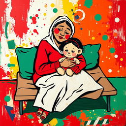 An abstract pop art painting featuring a homeless mother and daughter embracing on a cot, dominated by vibrant shades of red, white, and green