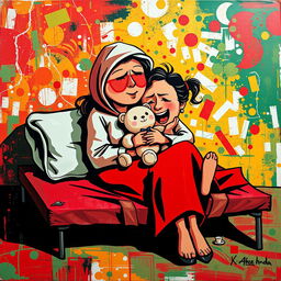 An abstract pop art painting featuring a homeless mother and daughter embracing on a cot, dominated by vibrant shades of red, white, and green