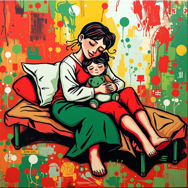 An abstract pop art painting featuring a homeless mother and daughter embracing on a cot, dominated by vibrant shades of red, white, and green