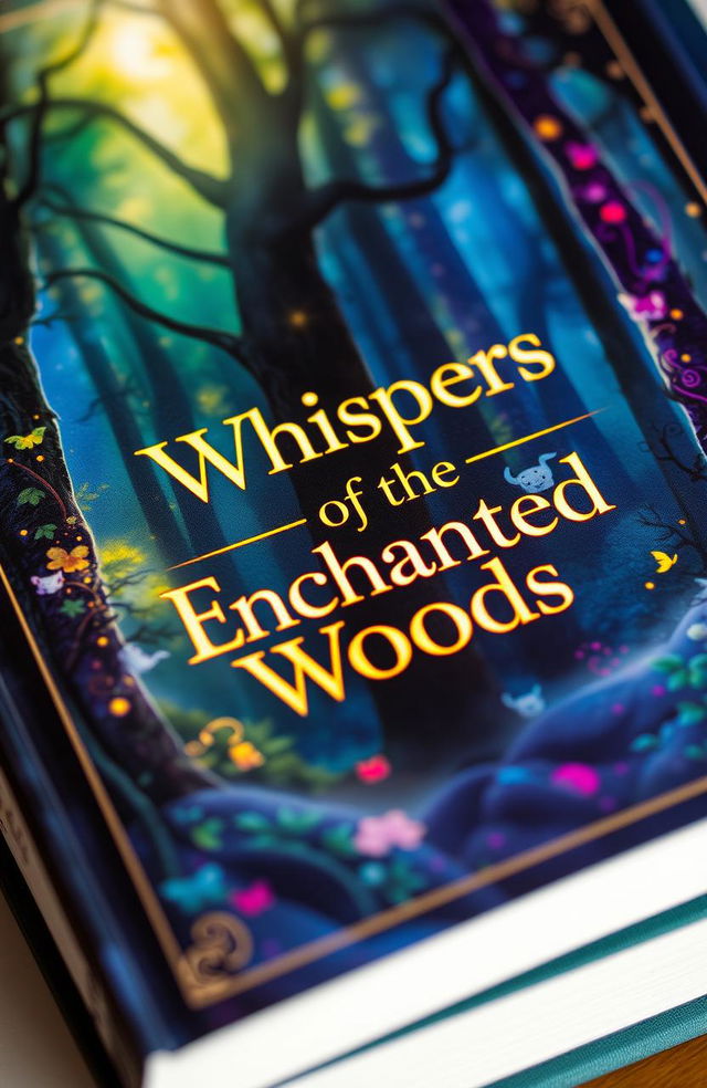 a close-up of an elegantly designed book cover featuring a mystical forest scene with vibrant colors, ethereal lighting, and a glowing title that reads 'Whispers of the Enchanted Woods'