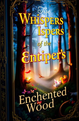 a close-up of an elegantly designed book cover featuring a mystical forest scene with vibrant colors, ethereal lighting, and a glowing title that reads 'Whispers of the Enchanted Woods'