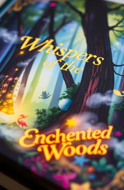 a close-up of an elegantly designed book cover featuring a mystical forest scene with vibrant colors, ethereal lighting, and a glowing title that reads 'Whispers of the Enchanted Woods'