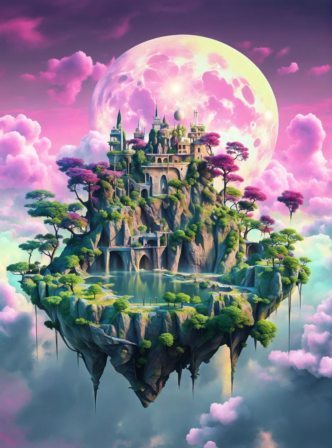 A dreamcore digital art image featuring a surreal landscape with floating islands, pastel clouds, and a glowing moon.