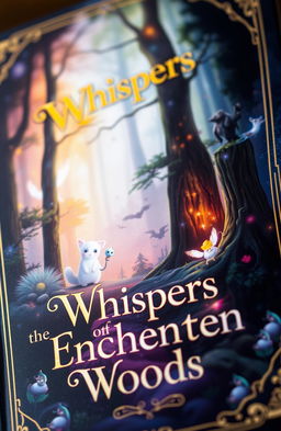 a close-up of an elegantly designed book cover featuring a mystical forest scene with vibrant colors, ethereal lighting, and a glowing title that reads 'Whispers of the Enchanted Woods'