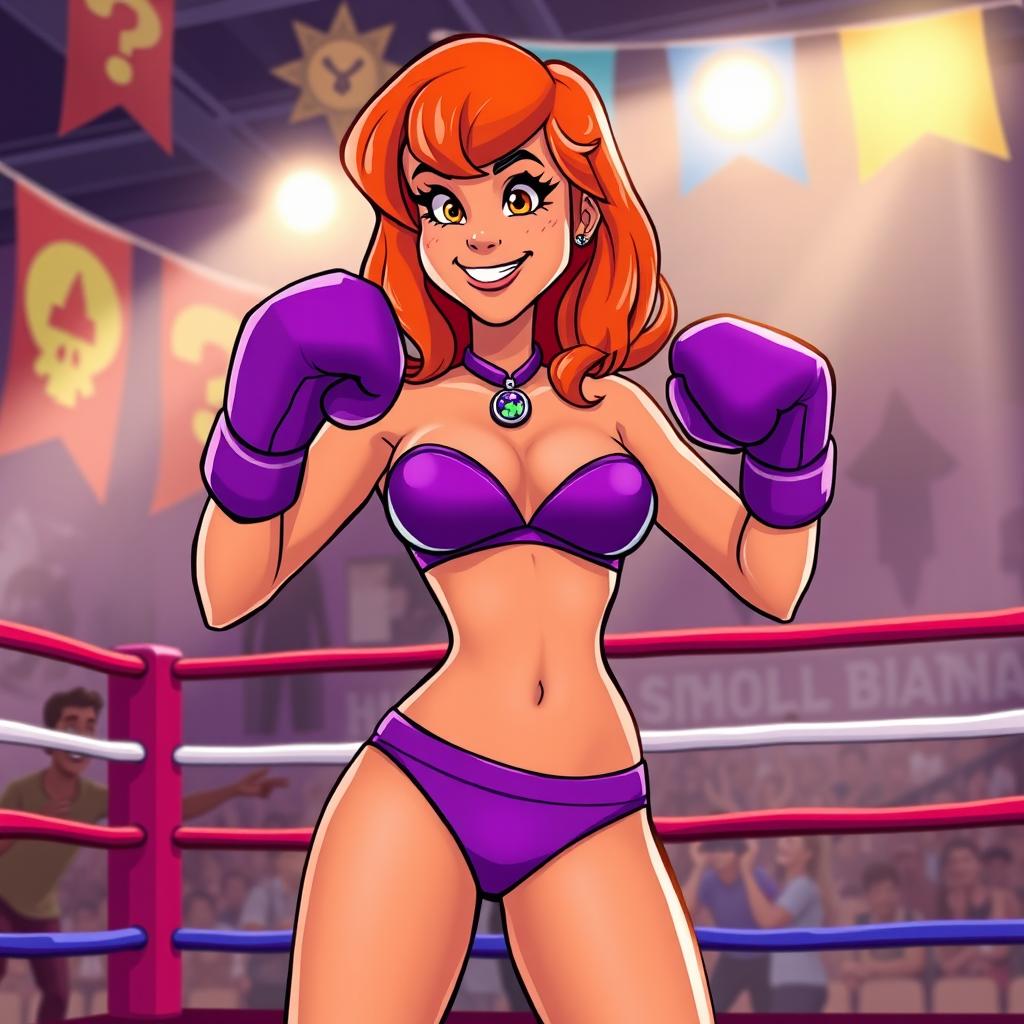 A dynamic illustration of Daphne Blake, from the animated series Scooby-Doo, proudly wearing a vibrant purple bikini while engaging in boxing