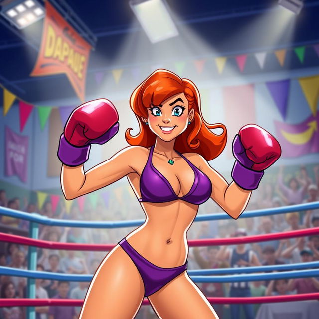 A dynamic illustration of Daphne Blake, from the animated series Scooby-Doo, proudly wearing a vibrant purple bikini while engaging in boxing