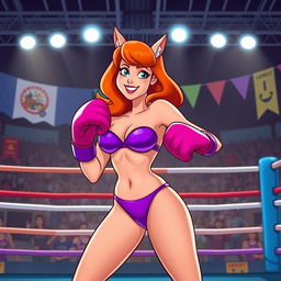 A dynamic illustration of Daphne Blake, from the animated series Scooby-Doo, proudly wearing a vibrant purple bikini while engaging in boxing