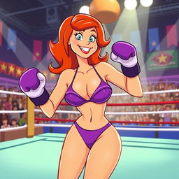 A dynamic illustration of Daphne Blake, from the animated series Scooby-Doo, proudly wearing a vibrant purple bikini while engaging in boxing