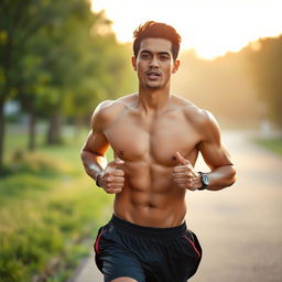 A handsome Indonesian man in athletic gear jogging confidently during a serene morning run