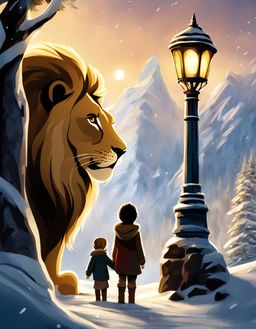 A digital art image of a snowy Narnian landscape with the iconic lamppost, Aslan, and the Pevensie children.