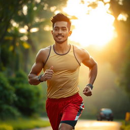 A handsome Indonesian man in athletic gear jogging confidently during a serene morning run