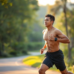 A handsome Indonesian man in athletic gear jogging confidently during a serene morning run
