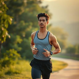A handsome Indonesian man in athletic gear jogging confidently during a serene morning run