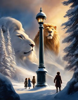 A digital art image of a snowy Narnian landscape with the iconic lamppost, Aslan, and the Pevensie children.