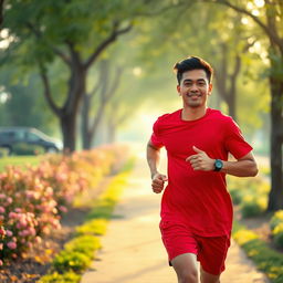 A handsome Indonesian man wearing a bright red shirt, jogging energetically in the morning light