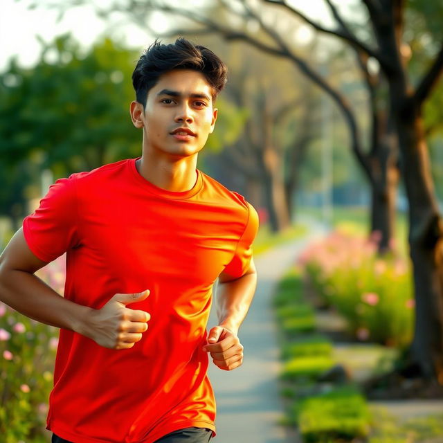 A handsome Indonesian man wearing a bright red shirt, jogging energetically in the morning light