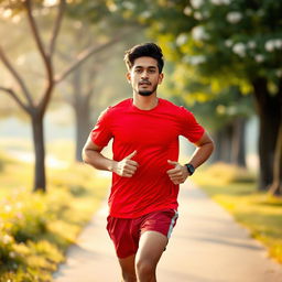 A handsome Indonesian man wearing a bright red shirt, jogging energetically in the morning light