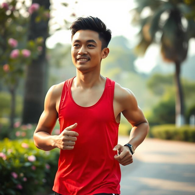 A handsome Indonesian man wearing a vibrant red tank top, jogging energetically during a picturesque morning run