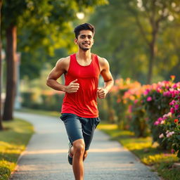 A handsome Indonesian man wearing a vibrant red tank top, jogging energetically during a picturesque morning run