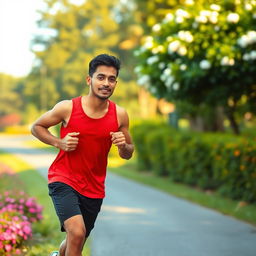 A handsome Indonesian man wearing a vibrant red tank top, jogging energetically during a picturesque morning run