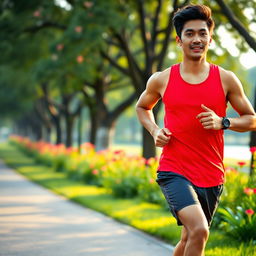 A handsome Indonesian man wearing a vibrant red tank top, jogging energetically during a picturesque morning run