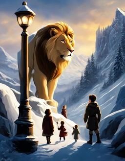 A digital art image of a snowy Narnian landscape with the iconic lamppost, Aslan, and the Pevensie children.