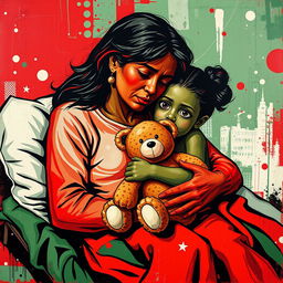An abstract pop art painting featuring an American homeless mother and daughter embracing on a cot, rendered in striking shades of red, white, and green