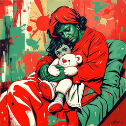 An abstract pop art painting featuring an American homeless mother and daughter embracing on a cot, rendered in striking shades of red, white, and green