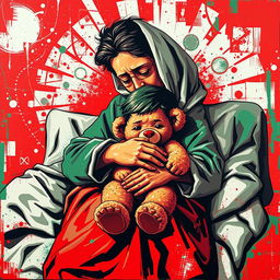 An abstract pop art painting featuring an American homeless mother and daughter embracing on a cot, rendered in striking shades of red, white, and green