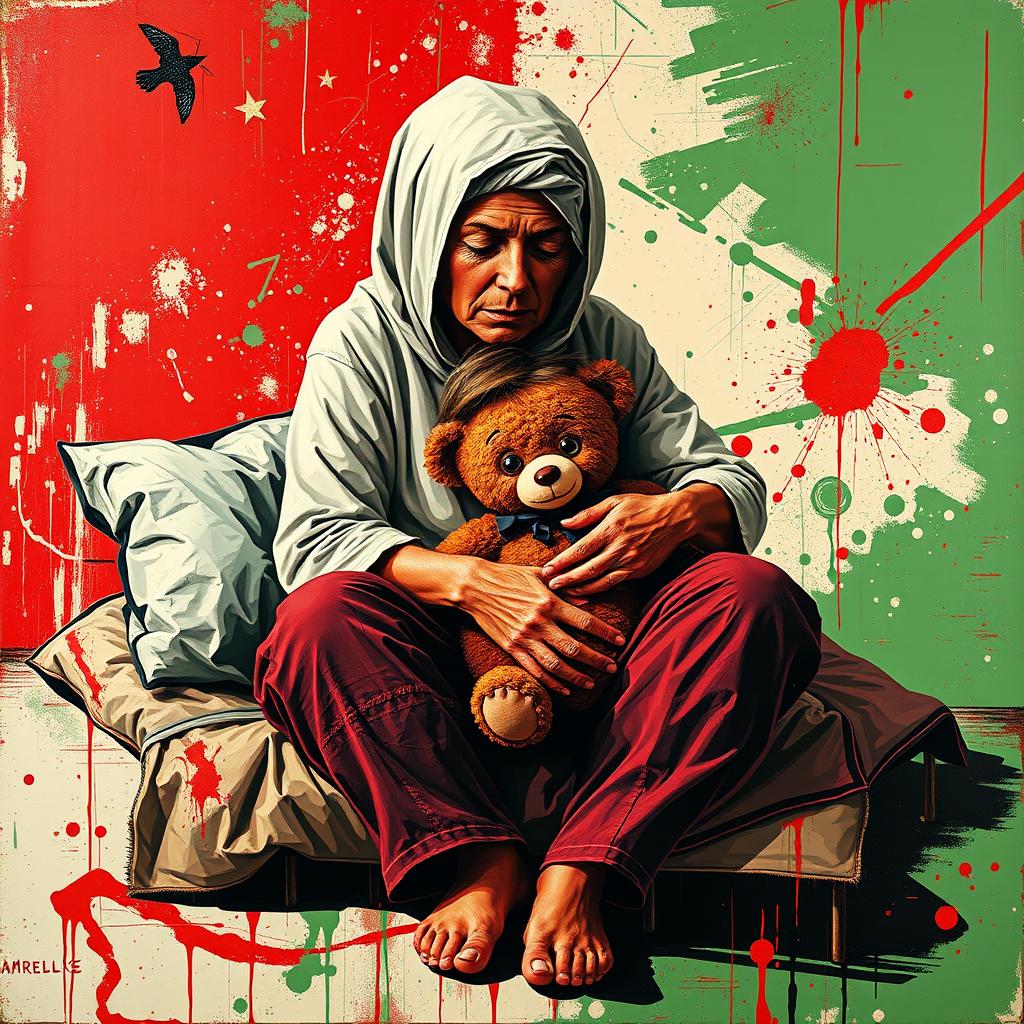 An abstract pop art painting featuring an American homeless mother and daughter embracing on a cot, rendered in striking shades of red, white, and green