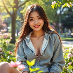 A beautiful Japanese college girl wearing a casual hoodie, sitting in a vibrant park