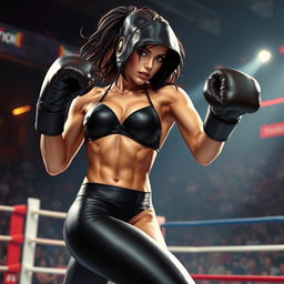 A powerful black widow character dressed in a sleek black bikini, showcasing her strength and agility as she boxes in an intense arena