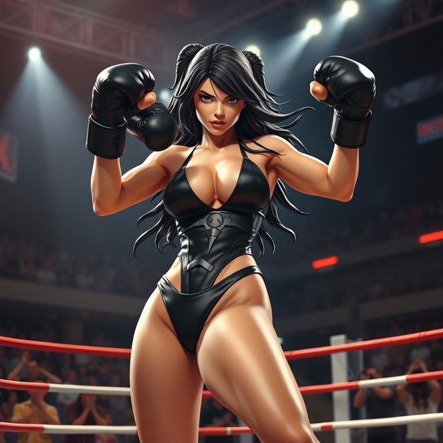 A powerful black widow character dressed in a sleek black bikini, showcasing her strength and agility as she boxes in an intense arena