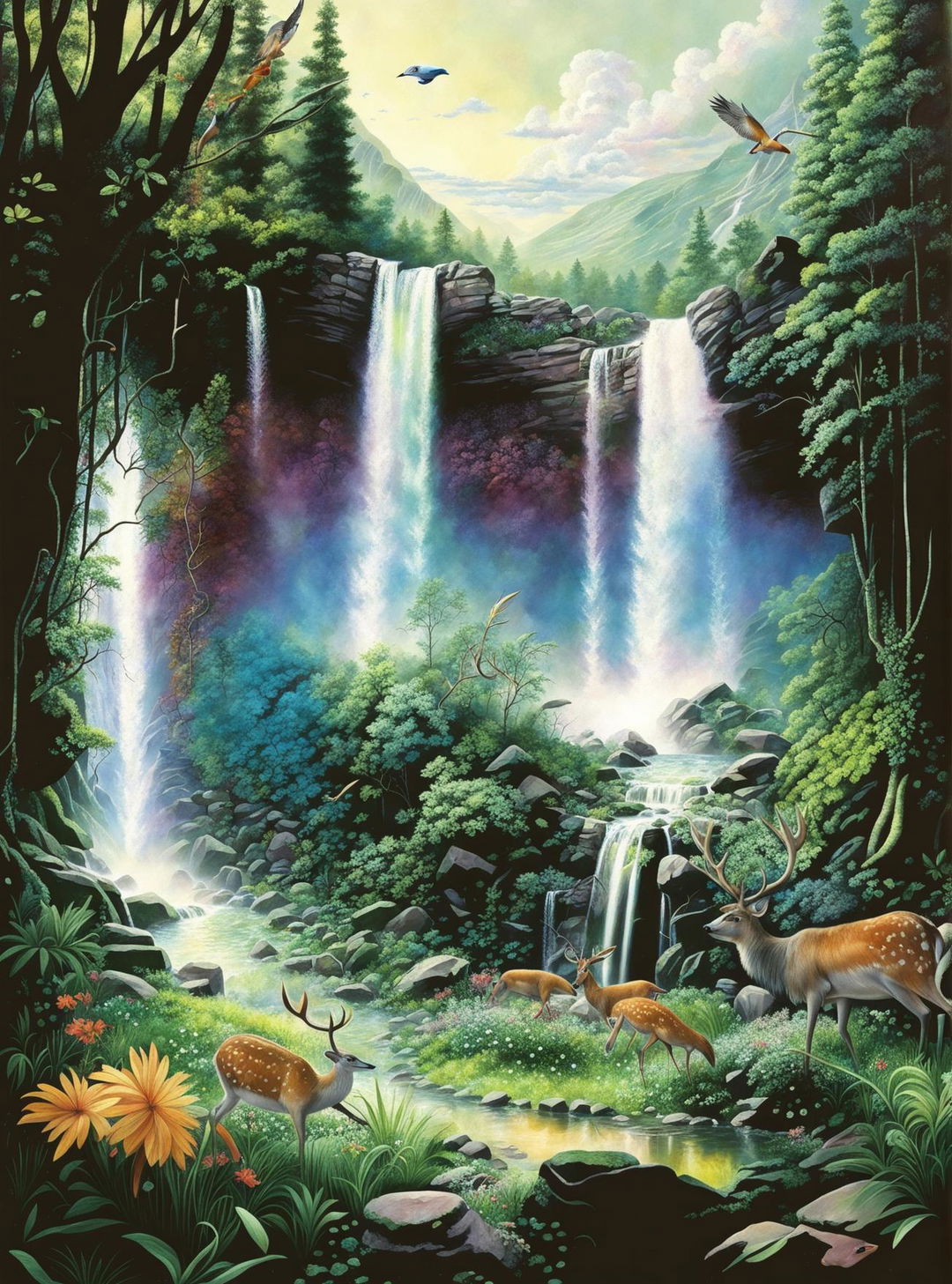 A digital art image of a serene natural landscape with a cascading waterfall, lush greenery, and diverse wildlife.