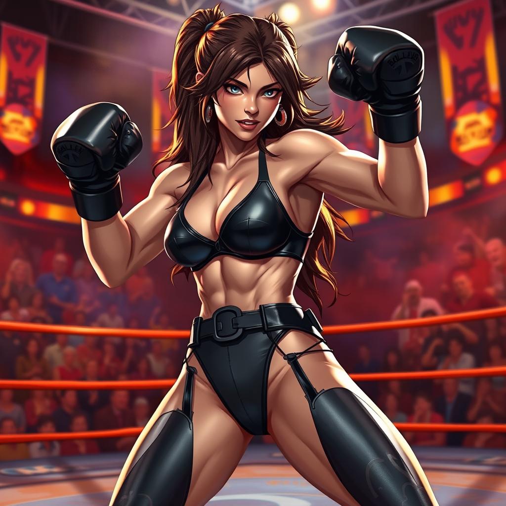 A powerful black widow character dressed in a sleek black bikini, showcasing her strength and agility as she boxes in an intense arena