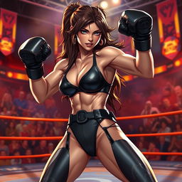 A powerful black widow character dressed in a sleek black bikini, showcasing her strength and agility as she boxes in an intense arena